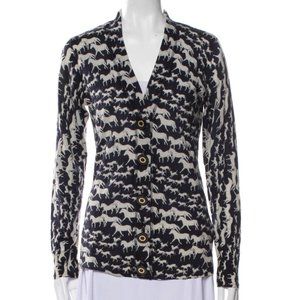 TORY BURCH navy blue and white horse print long sleeve wool Simone cardigan